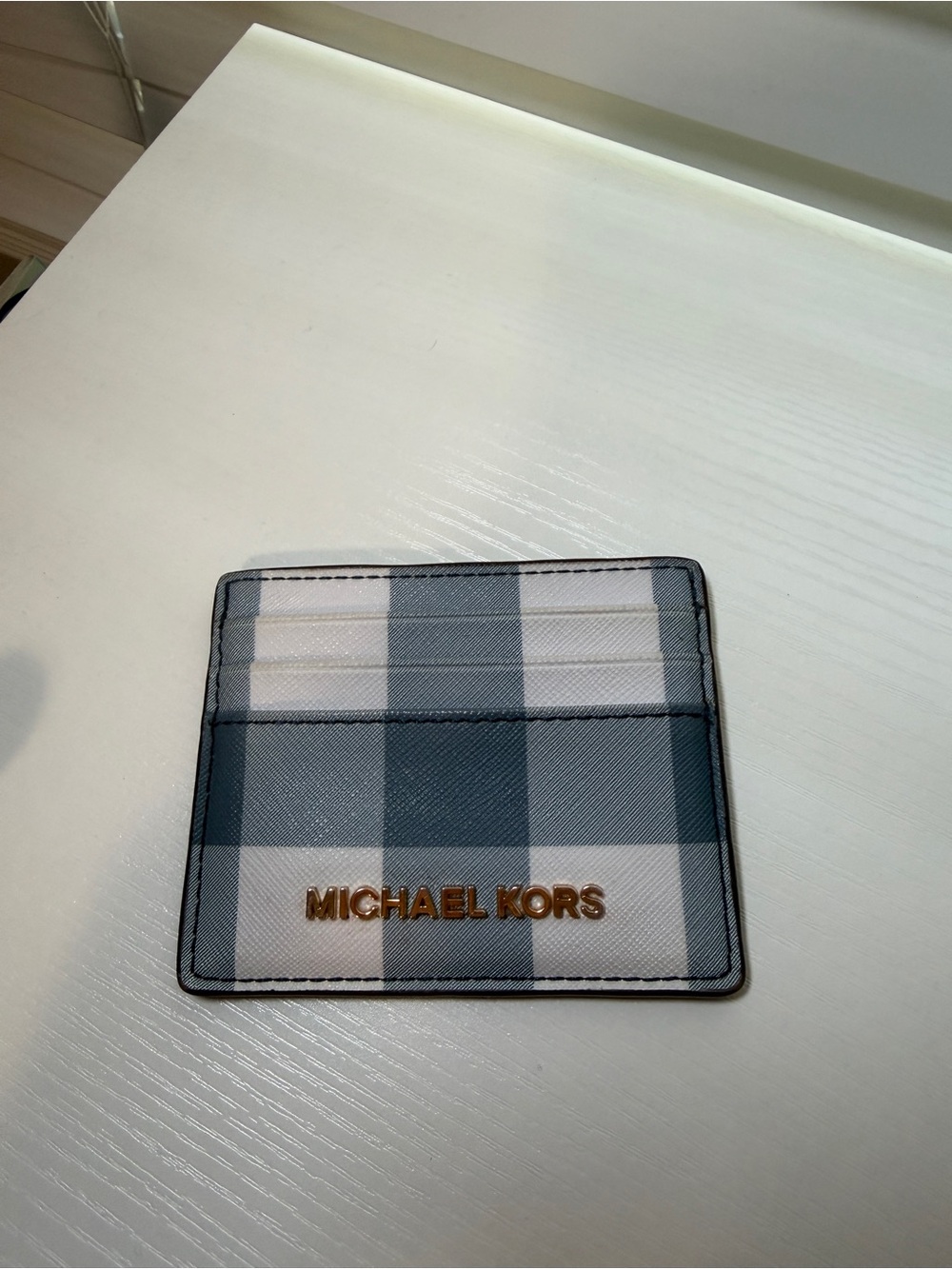 Michael Kors Blue and White Plaid Card Holder with Gold Logo